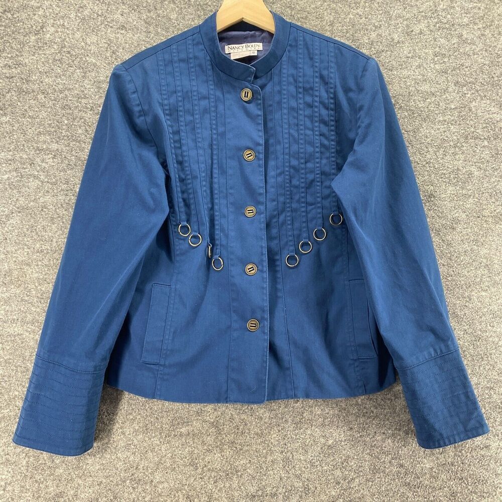 City Girl Jacket Women 10 Blue Button Up Long Sleeve High Neck Cotton Lined